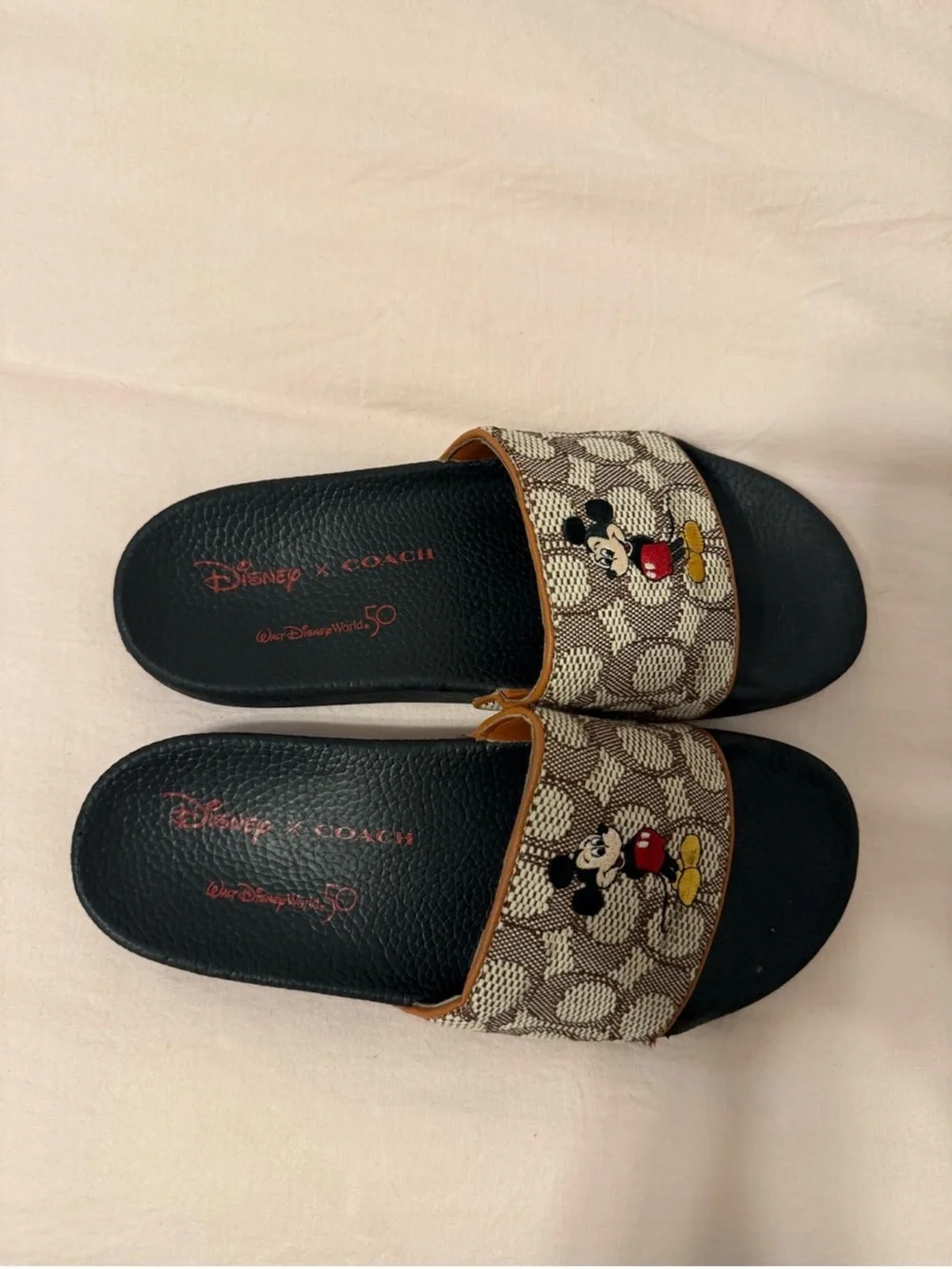 Coach Brown Signature Canvas Mickey Slide Sandals with Black Footbed